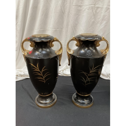 166 - VICTORIAN ALTONWARE BLACK PAINTED WITH BIRD DECORATION GARNIATURE OF VASES
H19