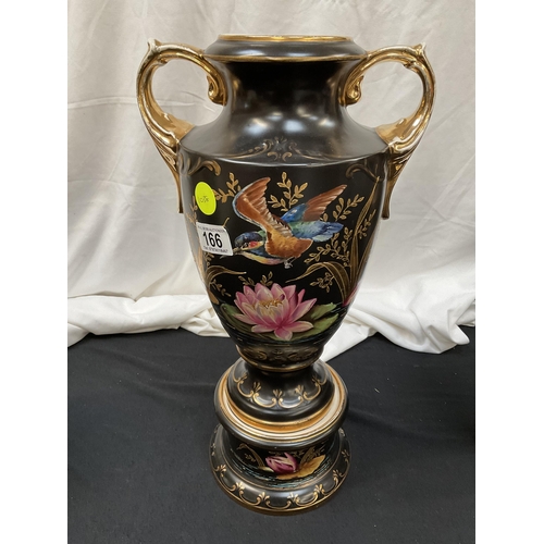 166 - VICTORIAN ALTONWARE BLACK PAINTED WITH BIRD DECORATION GARNIATURE OF VASES
H19