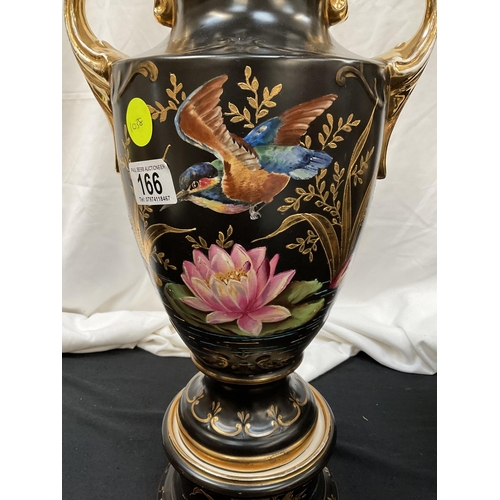 166 - VICTORIAN ALTONWARE BLACK PAINTED WITH BIRD DECORATION GARNIATURE OF VASES
H19