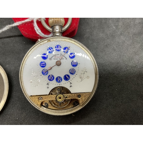 169 - HEBDOMAS 8 DAY SWISS LADIES POCKET WATCH WITH ENAMEL FACE STAMPED 800