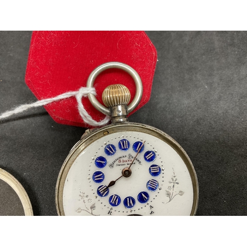 169 - HEBDOMAS 8 DAY SWISS LADIES POCKET WATCH WITH ENAMEL FACE STAMPED 800