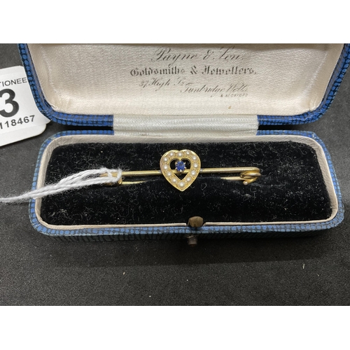 173 - 9CT PEARL AND SAPPHIRE BAR BROOCH 3G