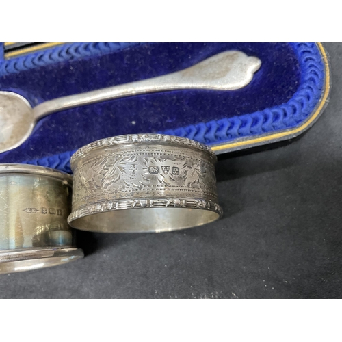 176 - HALLMARK SILVER SPOON IN ORIGINAL PRESENTATION CASE AND 2 HALLMARK SILVER SERVIETTE RINGS