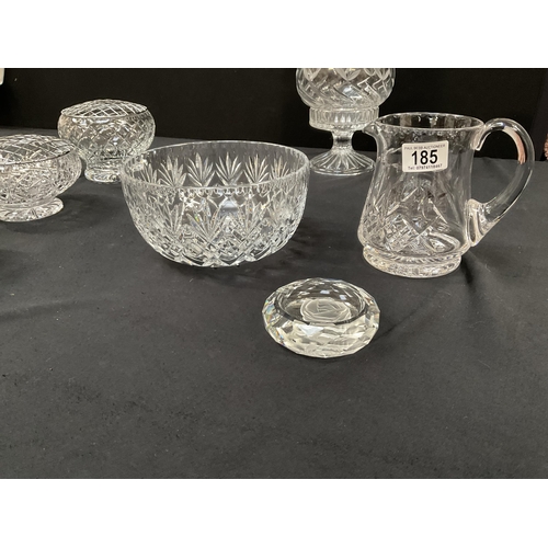 185 - QTY OF GOOD QUALITY GLASSWARE TO INCLUDE CANDLE LAMP, ROSE BOWLS DIA 6