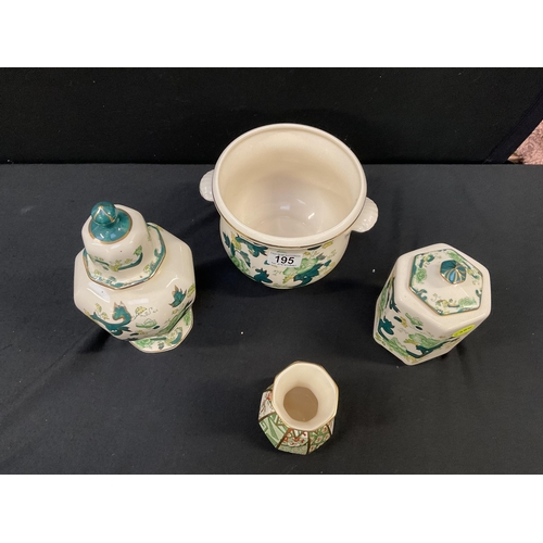 195 - 4 PIECES OF MASONS CHINA TO INCLUDE TEMPLE JAR, JARDINERE ETC