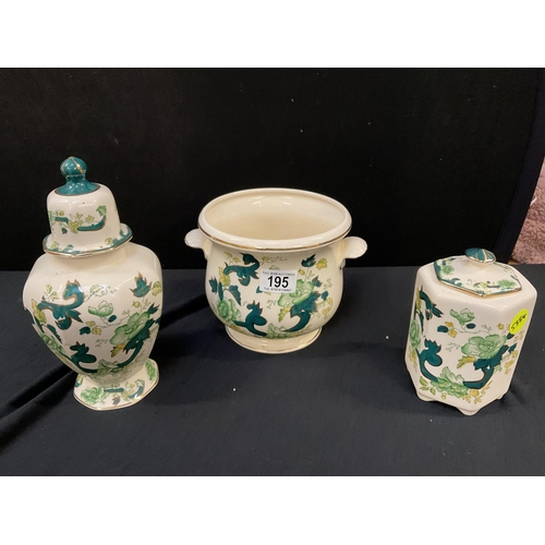 195 - 4 PIECES OF MASONS CHINA TO INCLUDE TEMPLE JAR, JARDINERE ETC