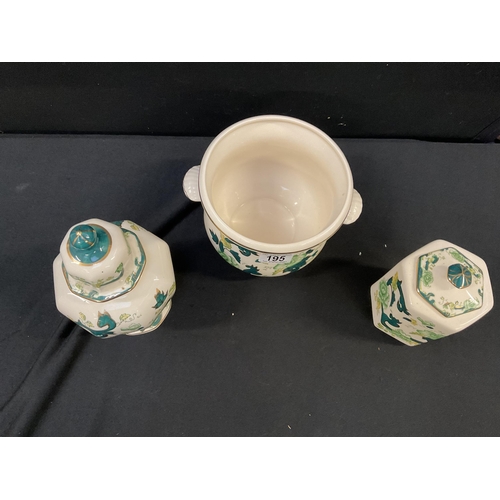 195 - 4 PIECES OF MASONS CHINA TO INCLUDE TEMPLE JAR, JARDINERE ETC