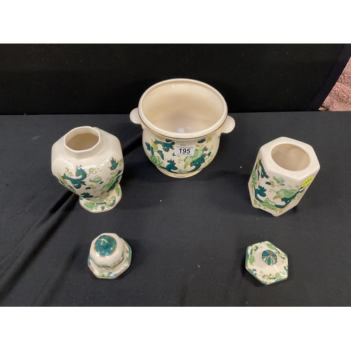 195 - 4 PIECES OF MASONS CHINA TO INCLUDE TEMPLE JAR, JARDINERE ETC