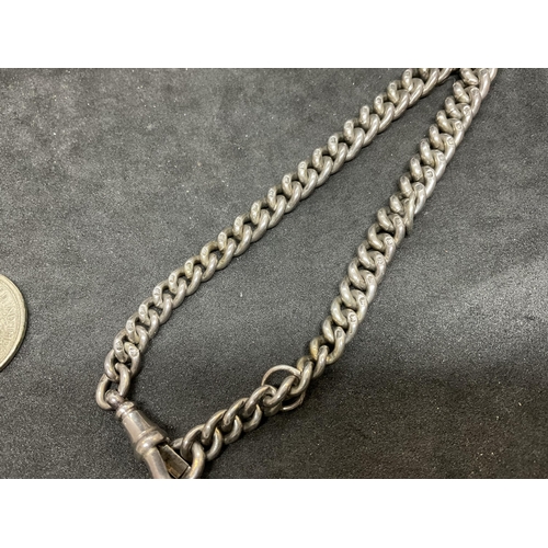 213 - HALLMARK SILVER POCKET WATCH CHAIN ALONG WITH A COIN MEDALLION ON CHAIN