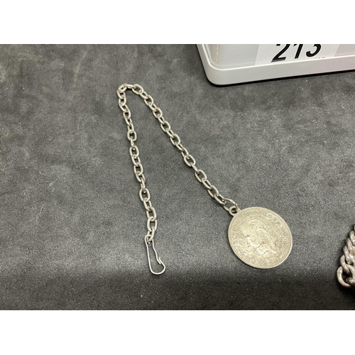 213 - HALLMARK SILVER POCKET WATCH CHAIN ALONG WITH A COIN MEDALLION ON CHAIN