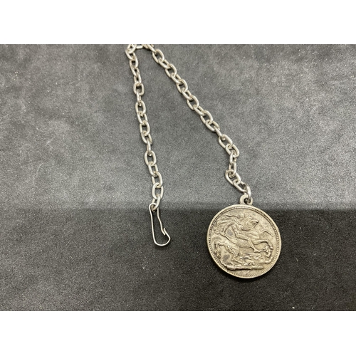 213 - HALLMARK SILVER POCKET WATCH CHAIN ALONG WITH A COIN MEDALLION ON CHAIN