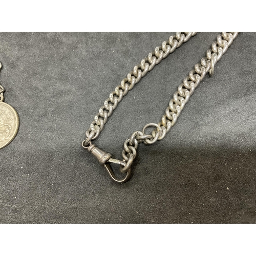 213 - HALLMARK SILVER POCKET WATCH CHAIN ALONG WITH A COIN MEDALLION ON CHAIN