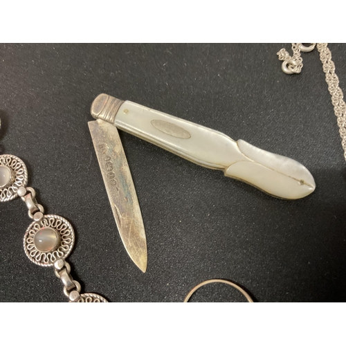 218 - HALLMARK SILVER FRUIT KNIFE ALONG WITH SILVER & WHITE METAL JEWELLERY