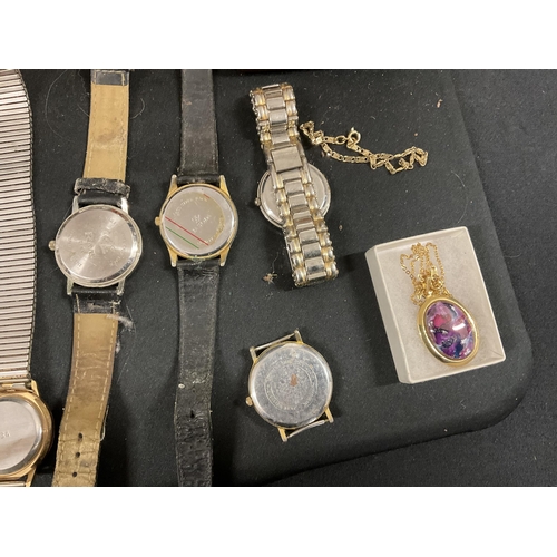 225 - TIN OF COLLECTABLES TO INCLUD WRIST WATCHES, CUFFLINKS AND BRASS BELL