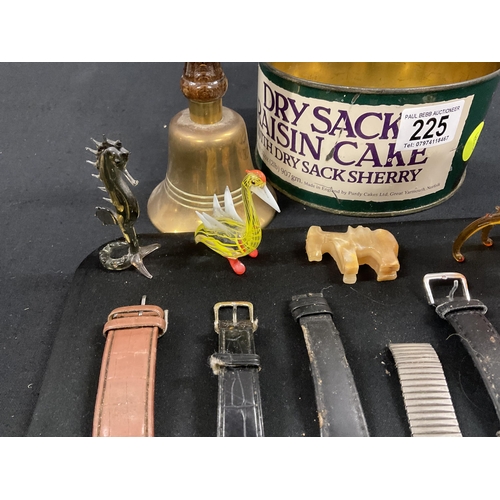 225 - TIN OF COLLECTABLES TO INCLUD WRIST WATCHES, CUFFLINKS AND BRASS BELL