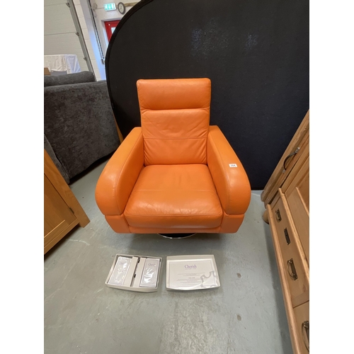 354 - ORANGE LEATHER SWIVEL CHAIR ON CHROME BASE COMPLETE WITH LEATHER CARE KIT