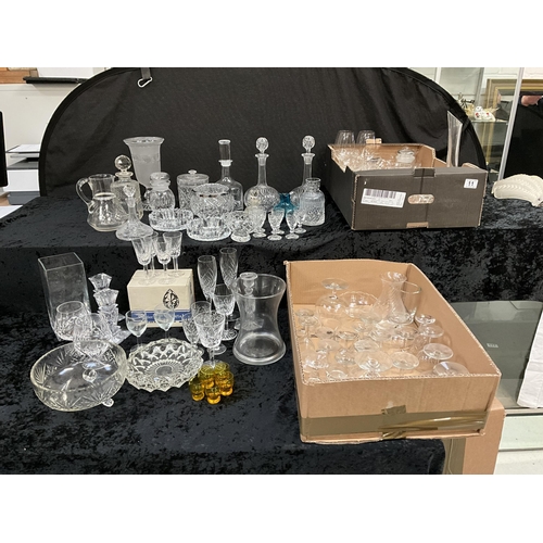 11 - 3 BOXES OF GLASSWARE TO INCLUDE DECANTERS ROSE BOWLS VASES WATERFORD BOXED CRYSTAL GLASSES ETC