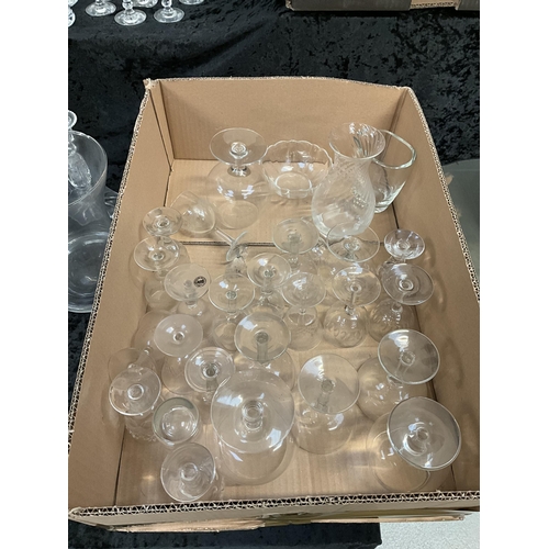 11 - 3 BOXES OF GLASSWARE TO INCLUDE DECANTERS ROSE BOWLS VASES WATERFORD BOXED CRYSTAL GLASSES ETC