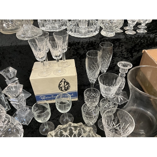 11 - 3 BOXES OF GLASSWARE TO INCLUDE DECANTERS ROSE BOWLS VASES WATERFORD BOXED CRYSTAL GLASSES ETC