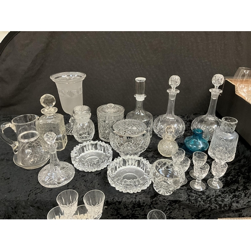 11 - 3 BOXES OF GLASSWARE TO INCLUDE DECANTERS ROSE BOWLS VASES WATERFORD BOXED CRYSTAL GLASSES ETC