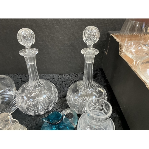 11 - 3 BOXES OF GLASSWARE TO INCLUDE DECANTERS ROSE BOWLS VASES WATERFORD BOXED CRYSTAL GLASSES ETC