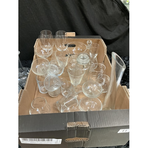 11 - 3 BOXES OF GLASSWARE TO INCLUDE DECANTERS ROSE BOWLS VASES WATERFORD BOXED CRYSTAL GLASSES ETC