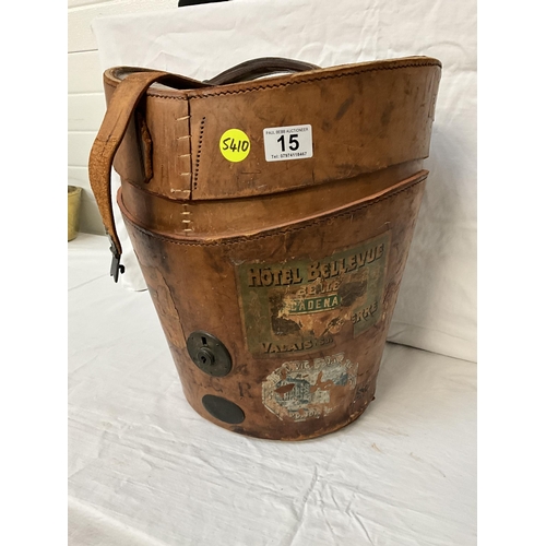 15 - VINTAGE LEATHER HAT BOX COMPLETE WITH BRASS FITTINGS AND ADVERTISING LABELS, 2 TOP HATS DUNN AND CO ... 