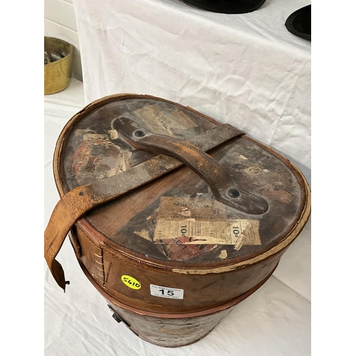 15 - VINTAGE LEATHER HAT BOX COMPLETE WITH BRASS FITTINGS AND ADVERTISING LABELS, 2 TOP HATS DUNN AND CO ... 