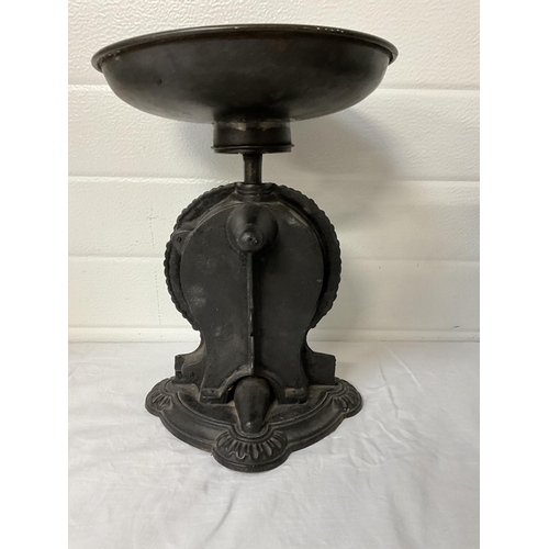 17 - VINTAGE CAST IRON AND BRASS SALTERS SCALE COMPLETE WITH PAN