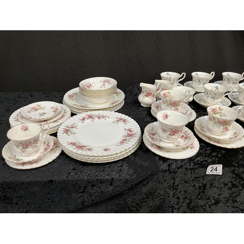 24 - BOX OF CHINA TO INCLUDE ROYAL ALBERT, BRIGADOON PATTERN TEA SET AND A ROYAL ALBERT MOSS ROSE DINNER ... 