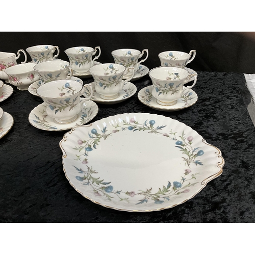 24 - BOX OF CHINA TO INCLUDE ROYAL ALBERT, BRIGADOON PATTERN TEA SET AND A ROYAL ALBERT MOSS ROSE DINNER ... 