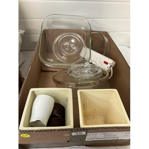 25 - 2 BOXES OF KITCHENWARE TO INCLUDE PYREX STAINLESS STEEL SAUCEPANS ETC