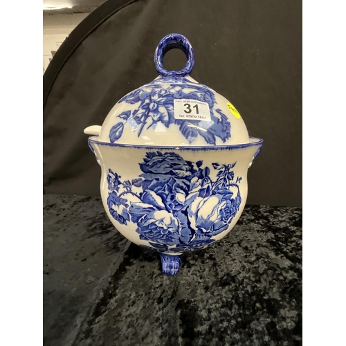 31 - LARGE BLUE AND WHITE CERAMIC TUREEN COMPETE WITH COVER AND LADLE, STILL FRUIT CHINA CHARGER AND A VI... 