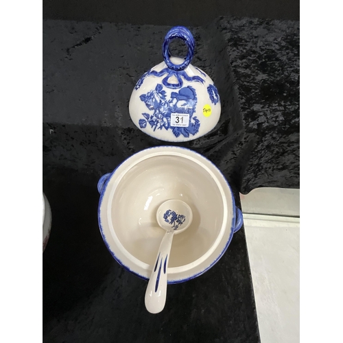 31 - LARGE BLUE AND WHITE CERAMIC TUREEN COMPETE WITH COVER AND LADLE, STILL FRUIT CHINA CHARGER AND A VI... 