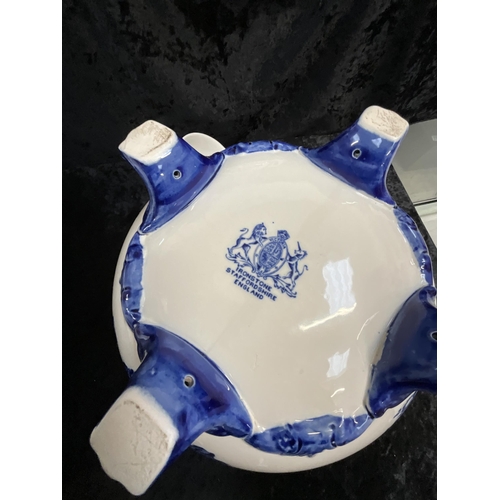 31 - LARGE BLUE AND WHITE CERAMIC TUREEN COMPETE WITH COVER AND LADLE, STILL FRUIT CHINA CHARGER AND A VI... 