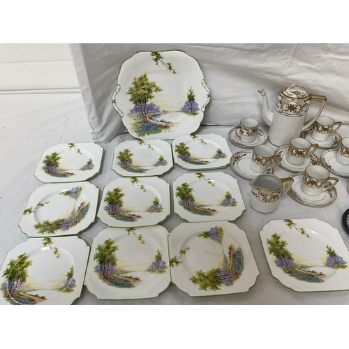 39 - BOX OF CHINA TO INCLUDE AYNSLEY SANDWICH SET, NORITAKI TEA SET AND PORTMERION COFFEE SET ETC