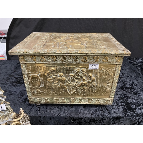 41 - VICTORIAN BRASS COAL SCUTTLE, COMPANION SET AND BRASS LOG BOX