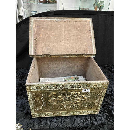 41 - VICTORIAN BRASS COAL SCUTTLE, COMPANION SET AND BRASS LOG BOX