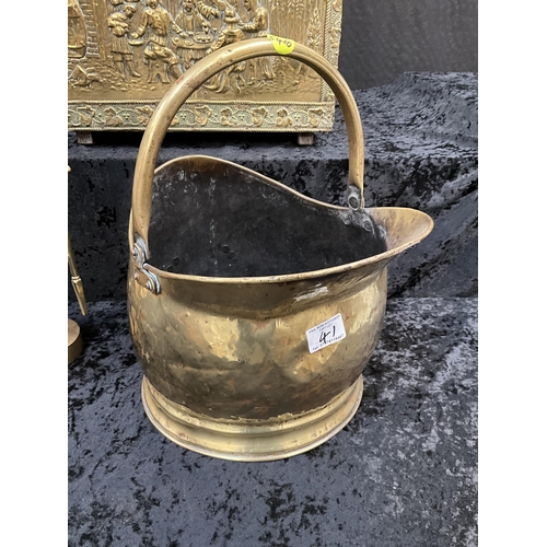 41 - VICTORIAN BRASS COAL SCUTTLE, COMPANION SET AND BRASS LOG BOX