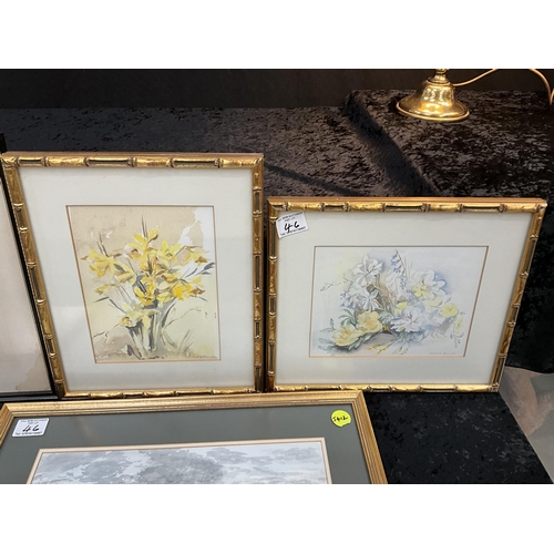 46 - 3 FRAMED WATER COLOURS AND 2 PRINTS