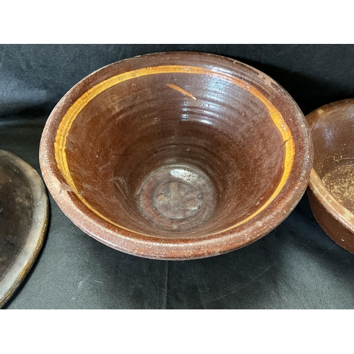 58 - 3 EARLY TREACLE GLAZED POTTERY BOWLS A/F