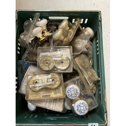 61 - CRATE OF NEW CERAMIC KNOBS, COAT HOOKS ETC