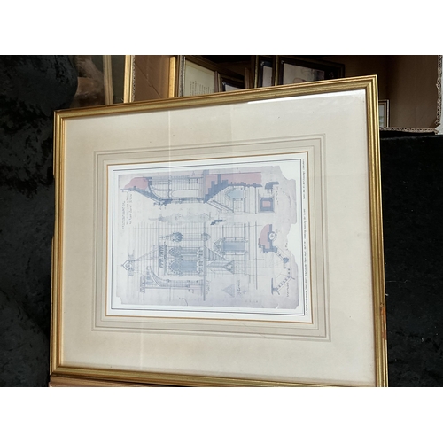 64 - BOX OF FRAMED ARCHITECTURAL THEMED PICTURES