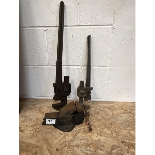 71 - 2 LARGE RECORD WRENCHES AND A BENCH VICE