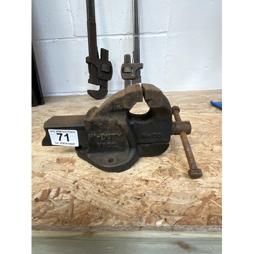 71 - 2 LARGE RECORD WRENCHES AND A BENCH VICE