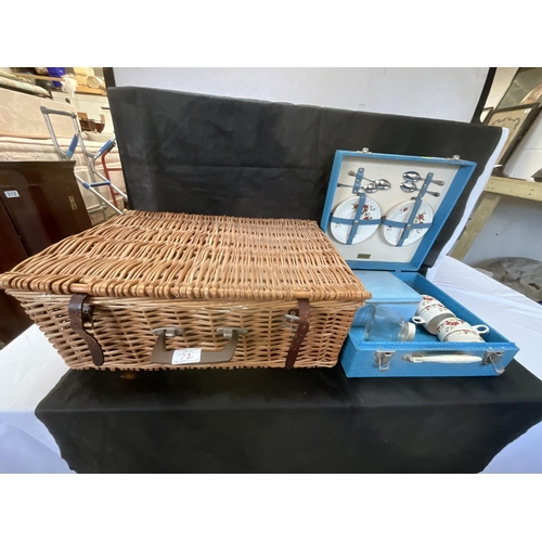 72 - VINTAGE BREXTON PICNIC HAMPER AND CONTENTS AND A WICKER ANTLER PICNIC BASKET AND CONTENTS