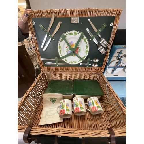 72 - VINTAGE BREXTON PICNIC HAMPER AND CONTENTS AND A WICKER ANTLER PICNIC BASKET AND CONTENTS