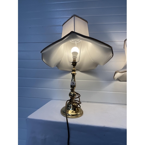 74 - PAIR OF BRASS TABLE LAMPS COMPLETE WITH SHADES H24