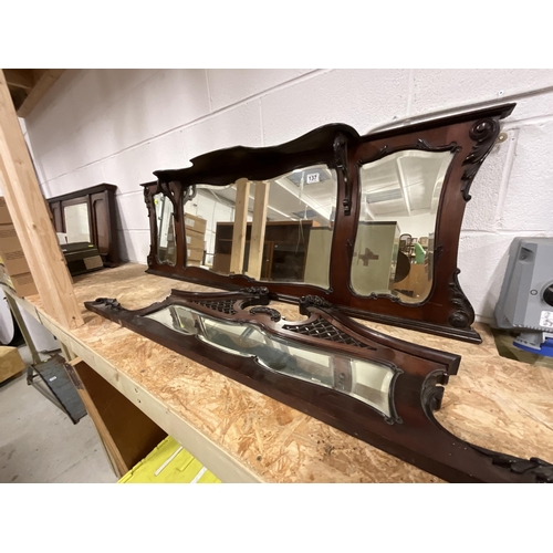 137 - EDWARDIAN MAHOGANY TRIPLE OVER MANTLE MIRROR W56