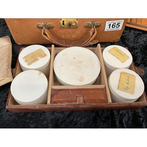 165 - VINTAGE FITTED VANITY CASE COMPLETE WITH BRASS FITTINGS, SILK BAG AND 2 LEATHER CASES